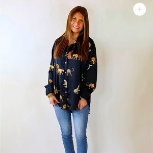 Entro Black Satin Leopard Print Blouse